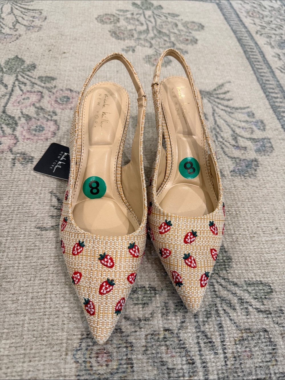 Nicole Miller Cream Straw Slingback Pumps with Red Strawberry Embroidery